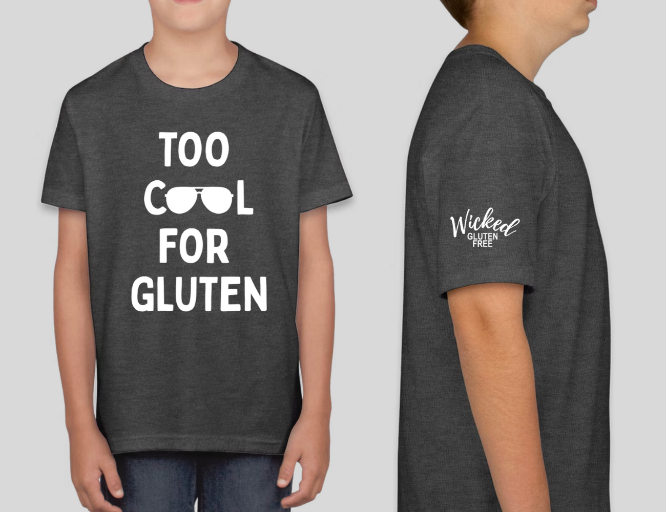 "Too Cool For Gluten" Kids' T Charcoal