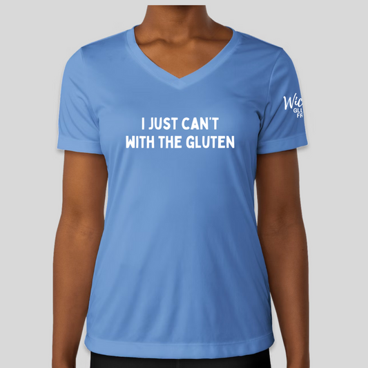 "I Just Can't With The Gluten" Ladies V-Neck T-Shirt Carolina Blue